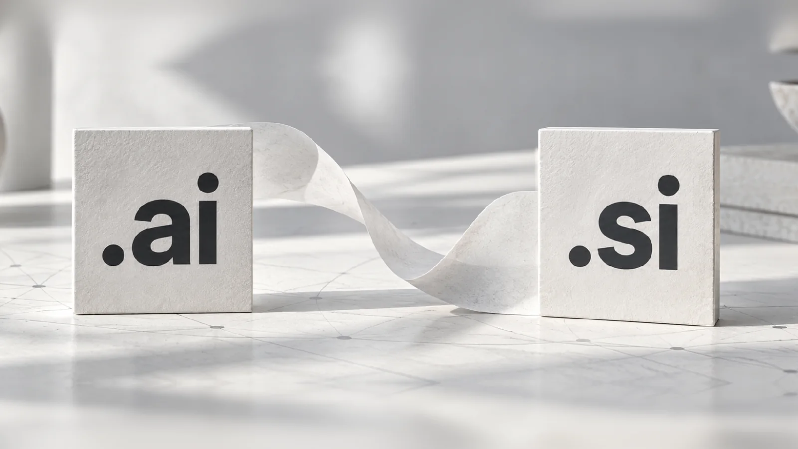 Editorial illustration of .ai and .si lettering on white plaques, representing the debate about technology naming.